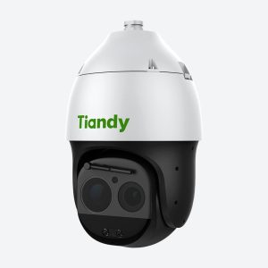 Cámara PTZ Tiandy TC-H348M 4MP con zoom 63×, IR 300 m, láser 500 m, IA y chasis IP66 para vigilancia perimetral.