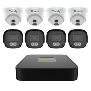 Combo Tiandy con 4 cámaras domo TC-C320N, 4 cámaras bullet TC-C321N y NVR de 8 canales PoE para vigilancia Full HD.