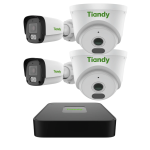 “Combo de seguridad Tiandy con 2 cámaras bullet, 2 cámaras domo y NVR PoE TC-R3104para vigilancia Full HD.